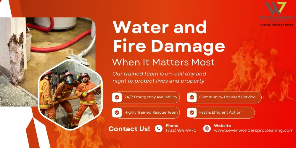 Water and Fire Damage emergency services banner showing firefighters responding to a rescue and water damage cleanup, highlighting 24/7 emergency availability by Seven Wonders Pro Cleaning.